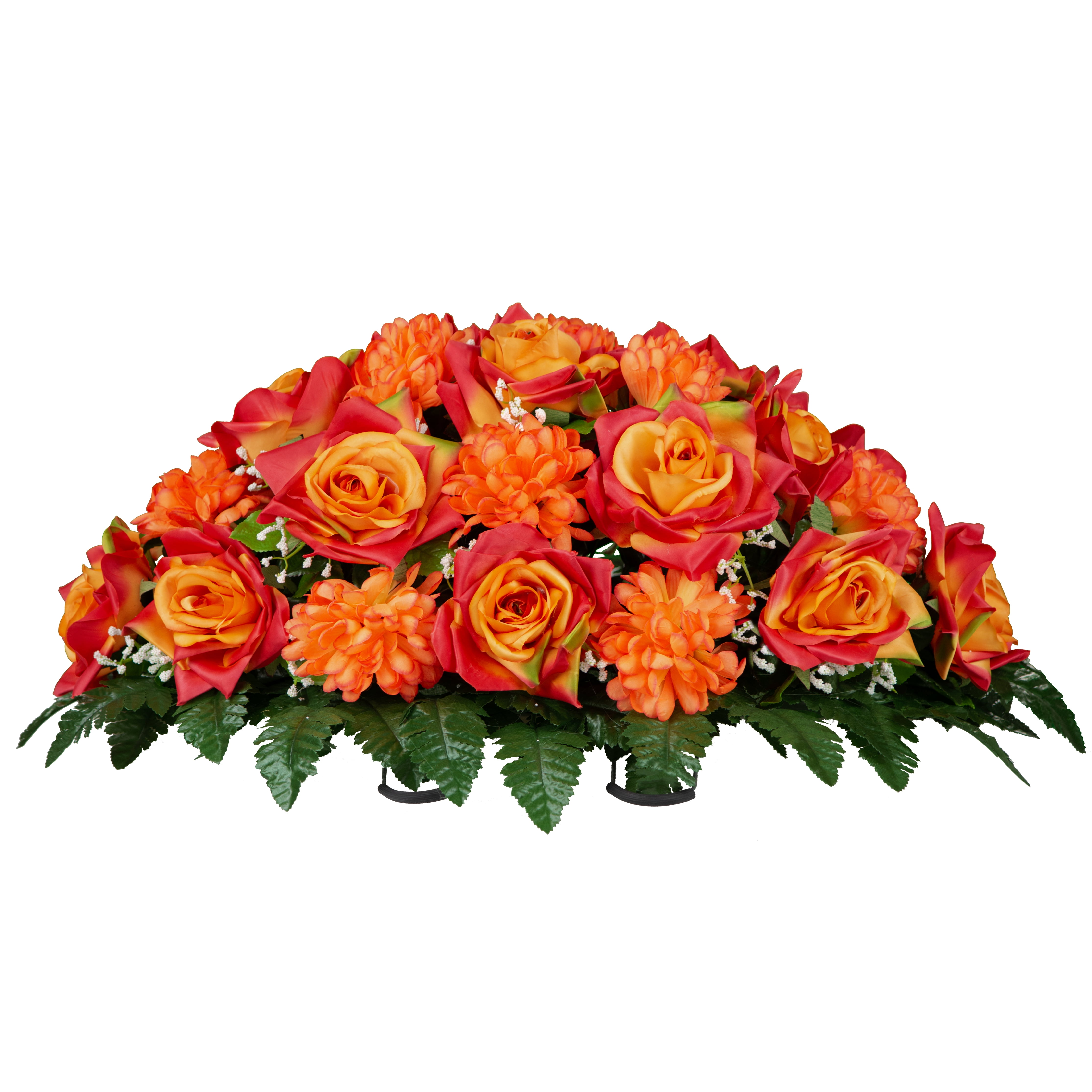 Sympathy Silks Artificial Cemetery Flowers 30" Sunset Orange Open Roses/Orange Mums cemetery saddle