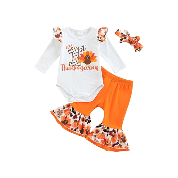 Loicainy Infant Baby Girl Fall Clothes for Thanksgiving Day 3 6 9 12 18 Months Long Sleeve Round Neck Romper Shirt Bell-Bottoms Trousers Headband Outfits Set