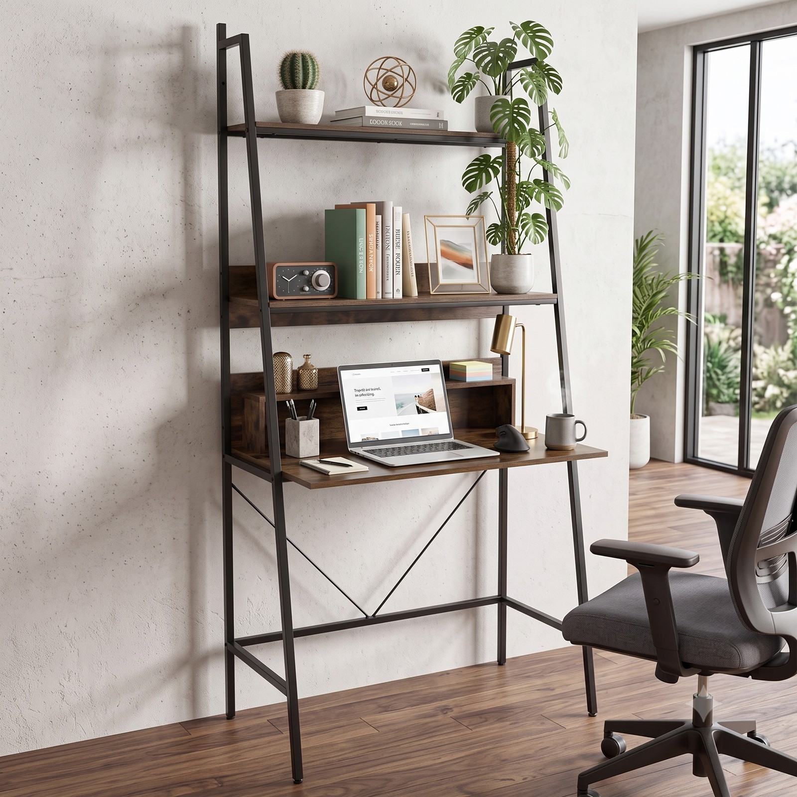 Furnibear 71" Freestanding Laptop Computer Desk with 5 Open Storage Shelves, Industrial Wood & Metal Home Office Writing Table for Living Room Bedroom, Rustic Brown