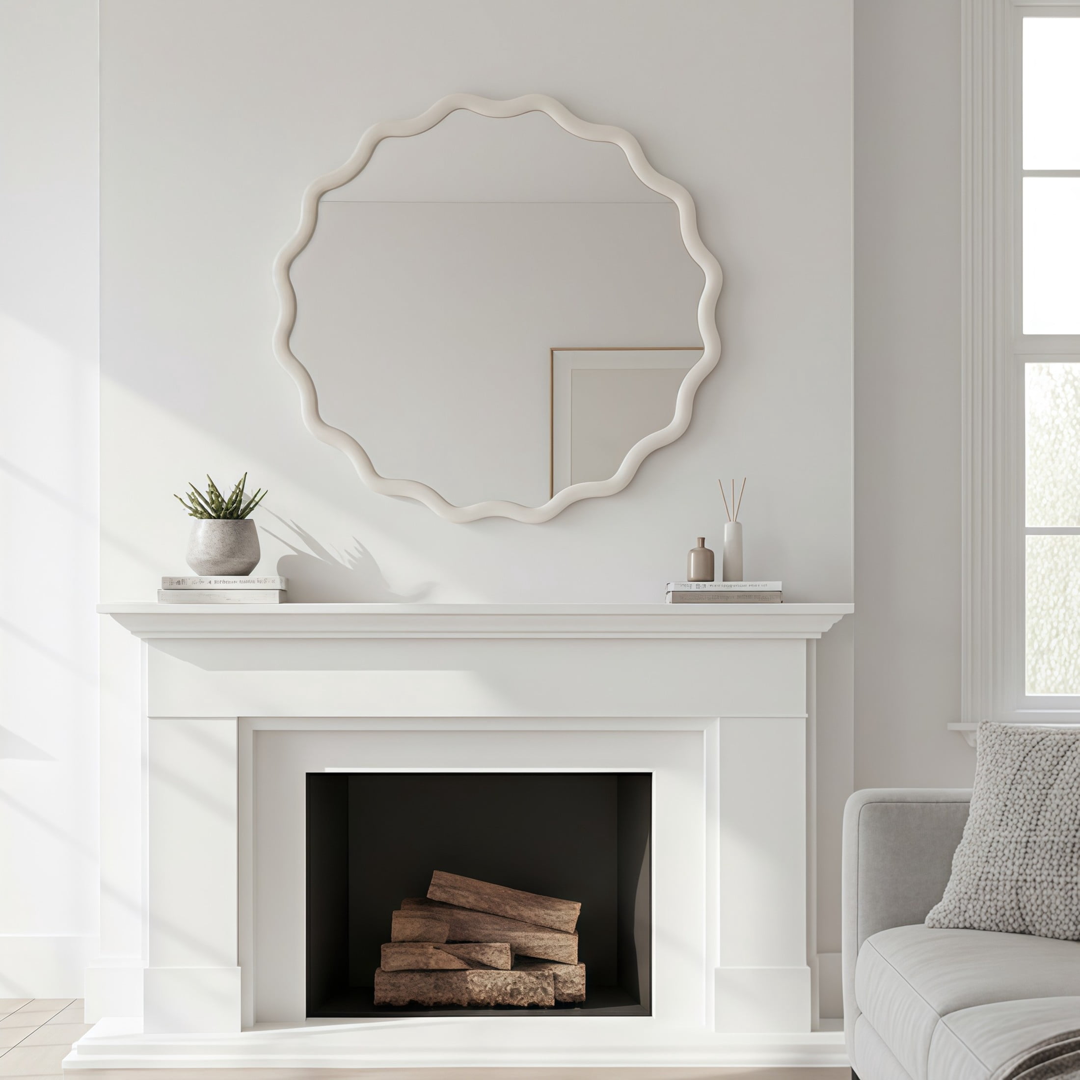 Noble House 24 Inch Wavy Round Wall Mirror, Solid Wood Decorative Vanity Mirror, White