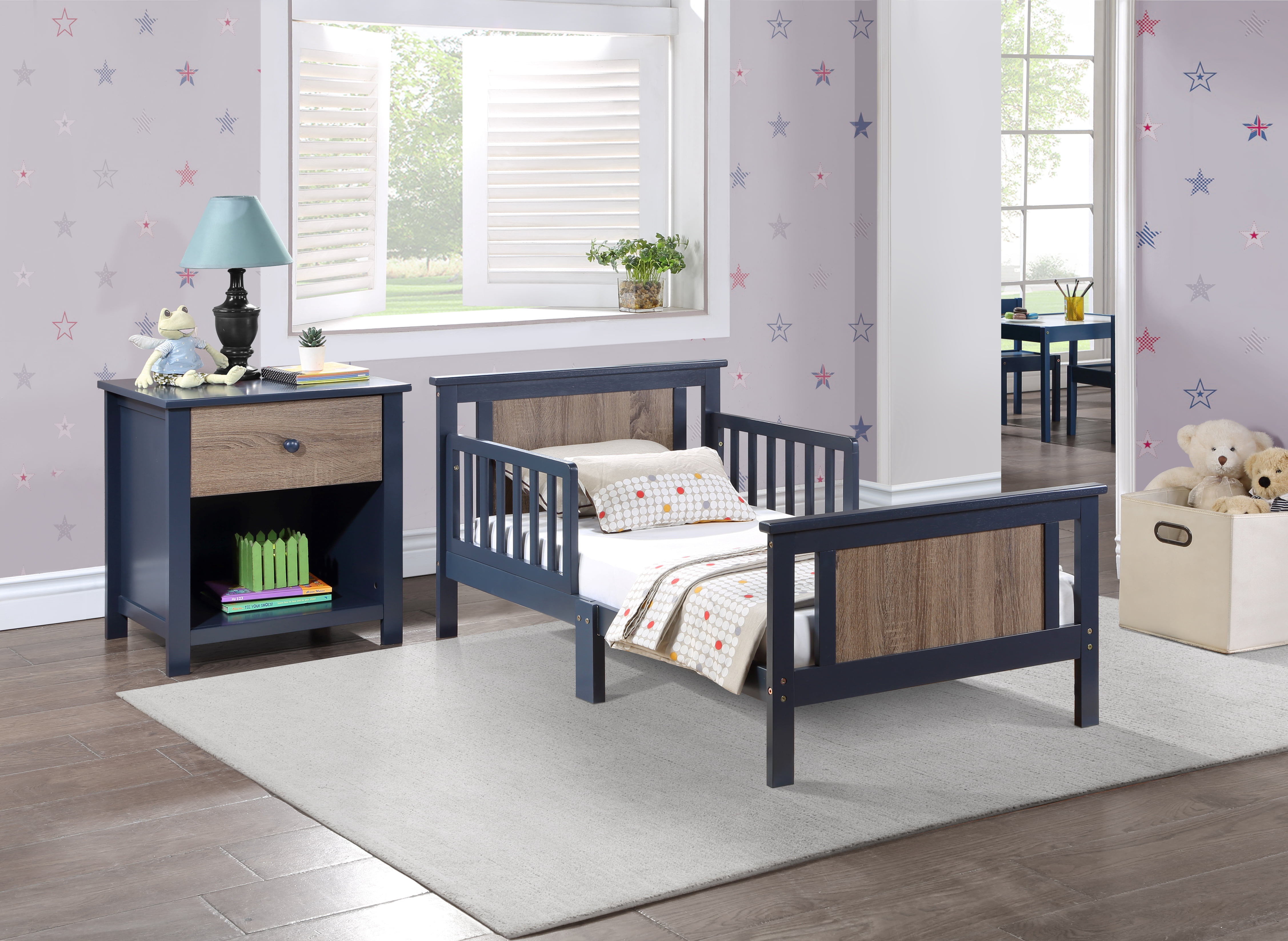 Olive & Opie Connelly Wood Reversible Panel Toddler Bed in Midnight Blue/Vintage Walnut