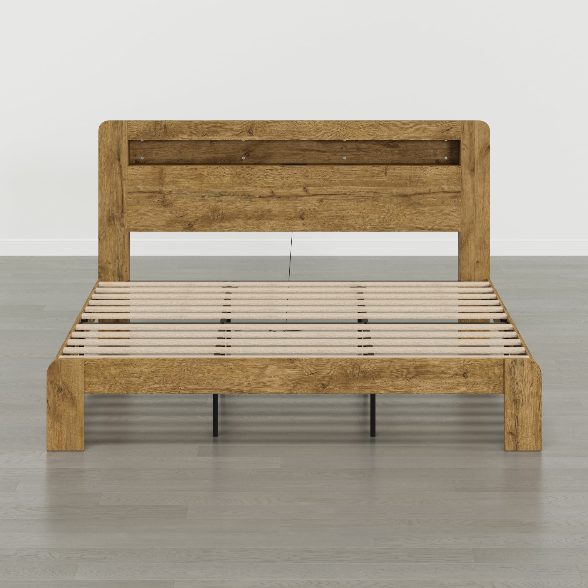 Spruce & Spring Modern Wood King Bed Frame with LED Lights, Storage Headboard & Charging Station, Noise-Free, No Box Spring Required, Easy Assembly, Nature