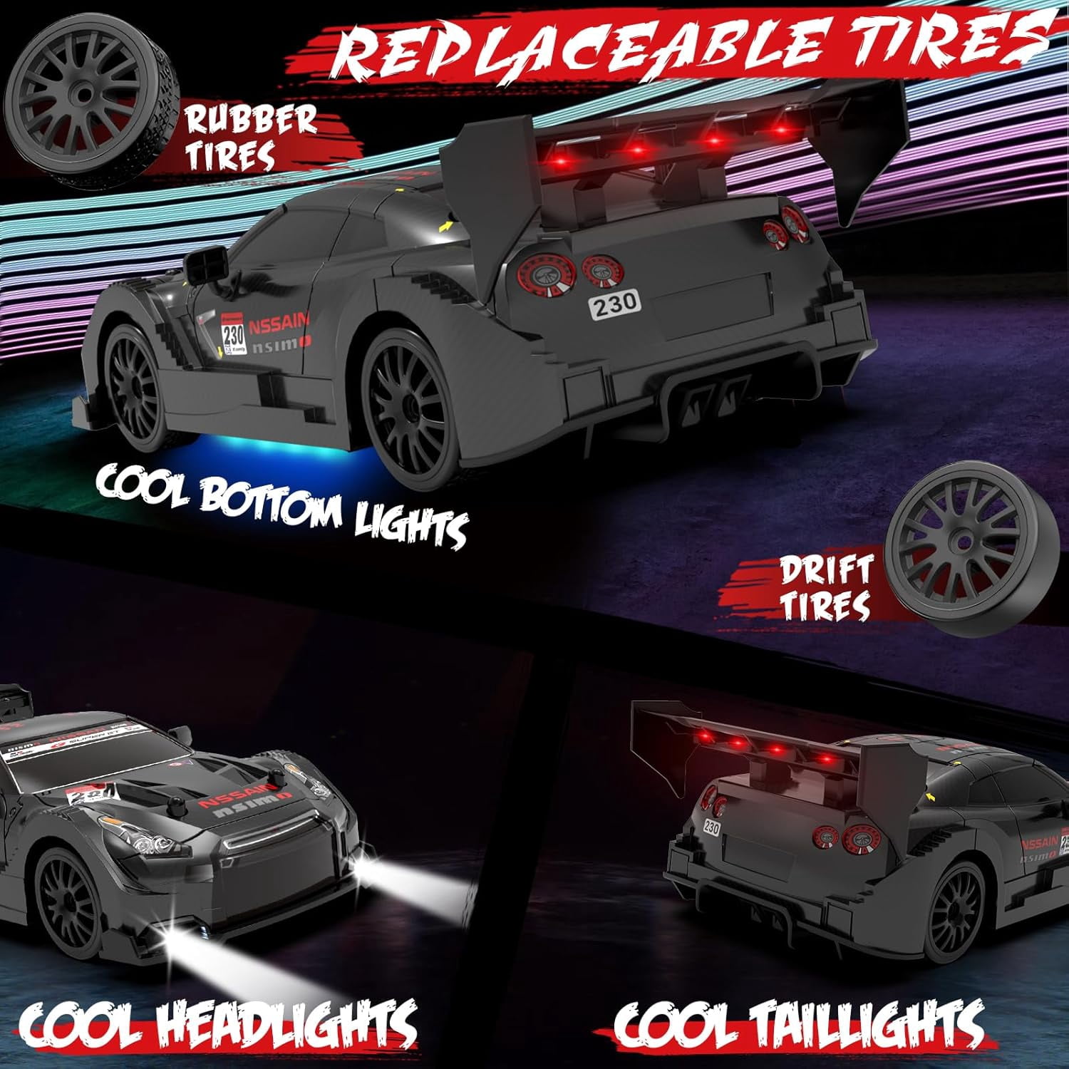 AIGIA 1:24 Scale RC Drift Car 30KM/H 4WD 2.4GHz Remote Control Cars with LED Light High Speed RC Racing Cars Toy