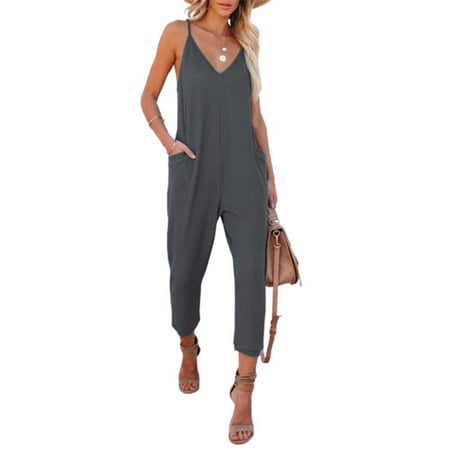 

Gillac Womens Summer Sleeveless V Neck Jumpsuit Plain Romper Casual Pockets Straight Leg Playsuit