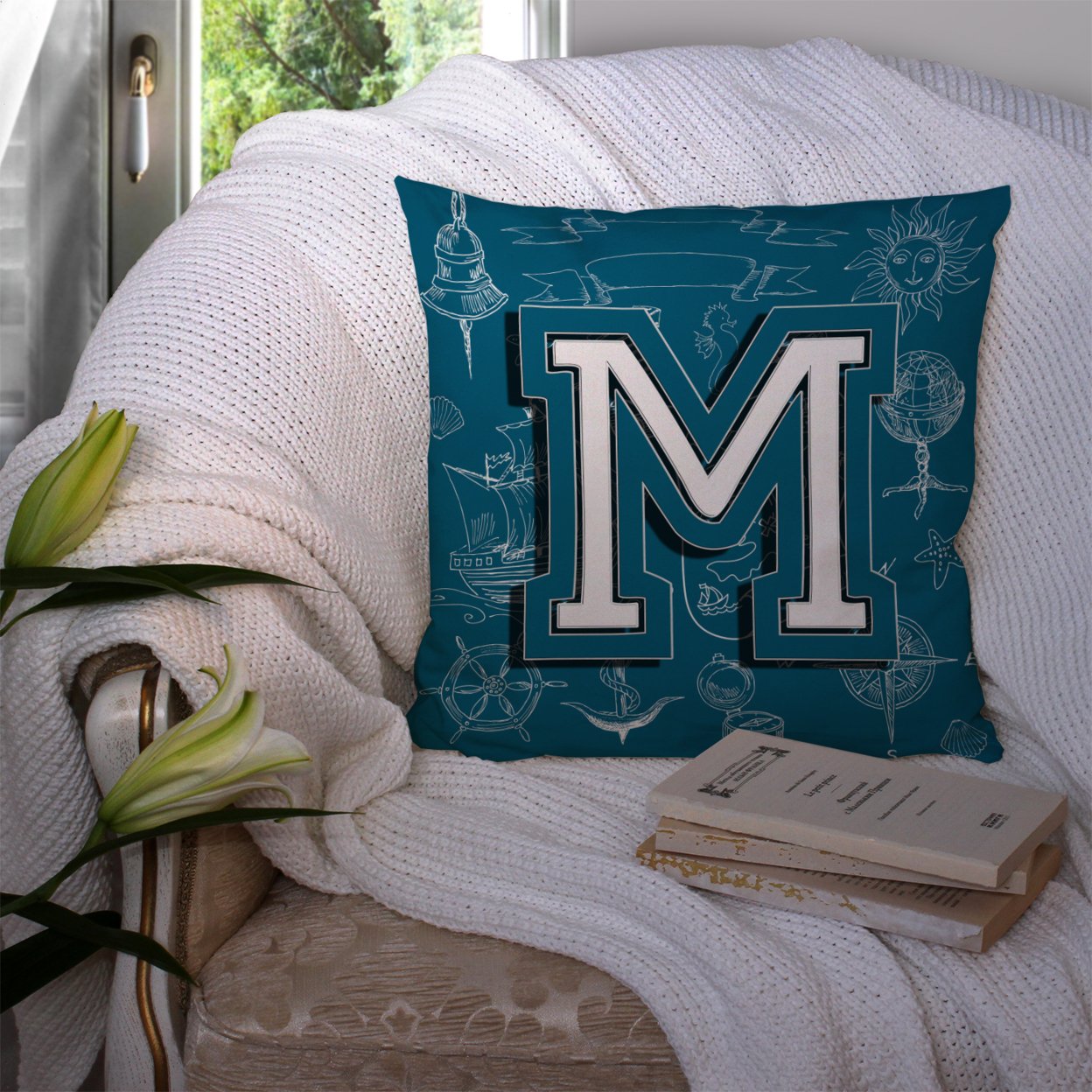 Carolines Treasures CJ2014-MPW1414 Letter M Sea Doodles Initial Alphabet Canvas Fabric Decorative Pillow 14Hx14W