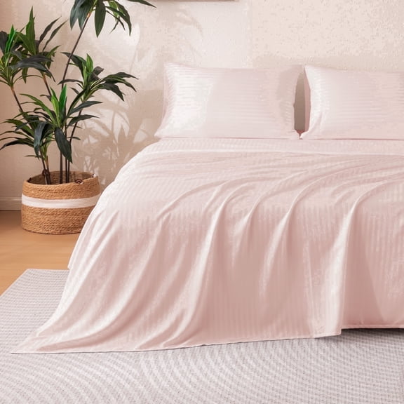 Sonive Striped Satin Jacquard Sheet Set Twin, 3 Pieces Luxury Silky Soft Bedding Set, Rose Pink