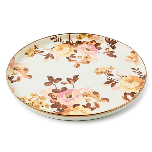 MACKENZIE-CHILDS Plateau Rond en Émail, Plat de Service Unique pour Aliments et Boissons, Rose Sauvage Blanc