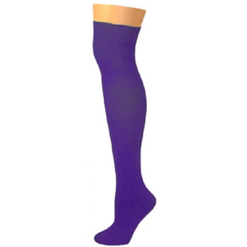 purple and white striped knee high socks