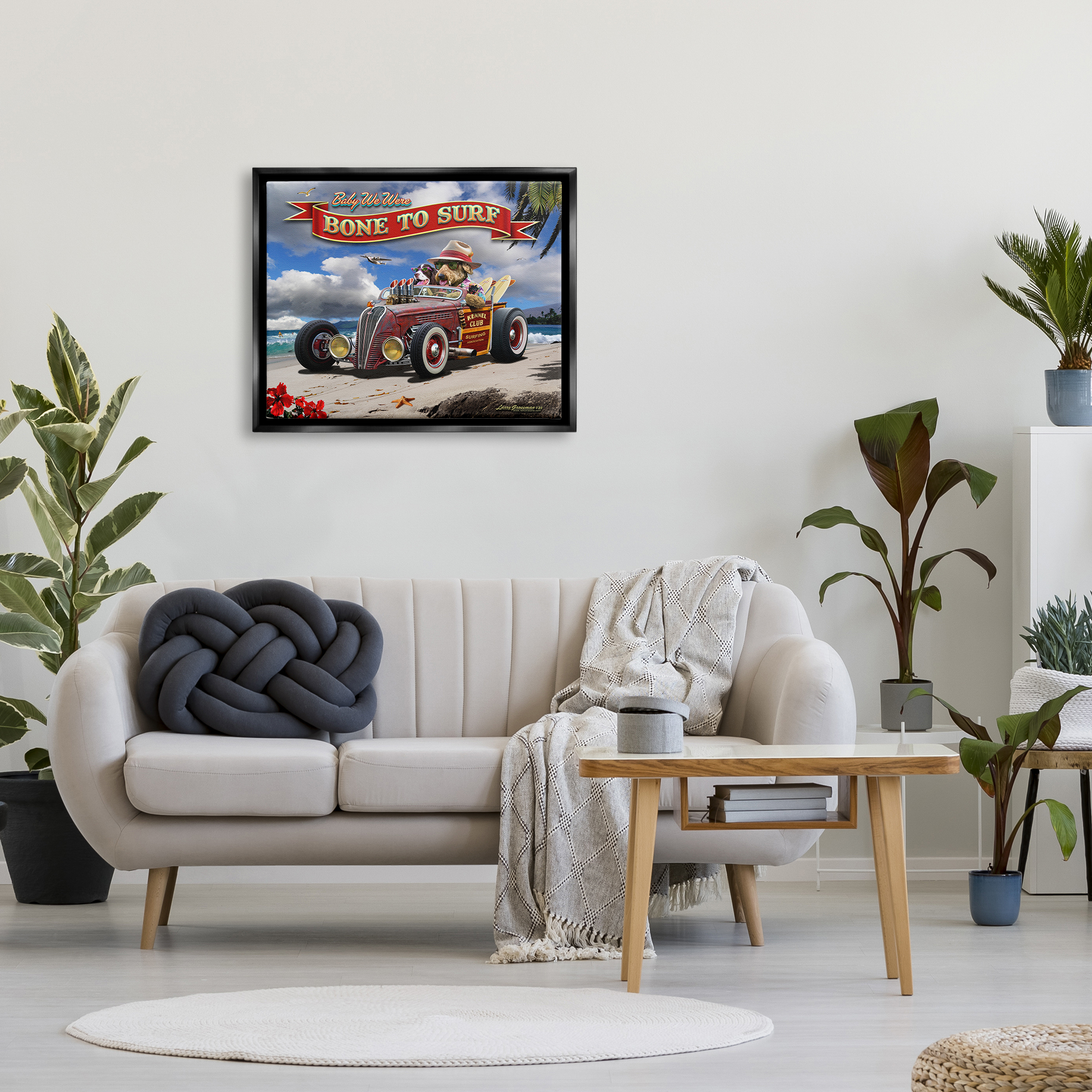 Stupell Industries Bone to Surf Dogs Transportation Painting Black Floater Framed Canvas Art Print Wall Art, 31 x 25