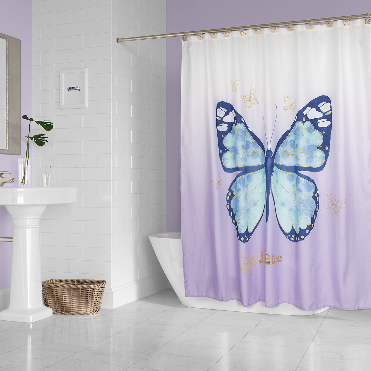 Bathroom Shower Curtain Decor Set Butterfly Design Blue Bath Curtains 12 Hooks