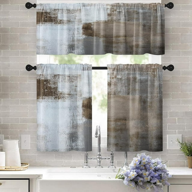 Brown Kitchen Curtains Grey White Window Curtains Valance and Tier Set 36 Inch, Contemporary Rod Pocket Short Tier Curtain, Abstract Art Small Cafe Curtains for Kitchen Decor