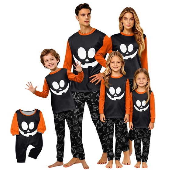 Family Matching Pajamas, Halloween Pajamas for Family, Halloween Matching Family Pajamas Black Orange Pumpkin Print Long Sleeve Two Piece Pj Set Full Moon Sleepwear Nightwear Loungewear Lycan Photos
