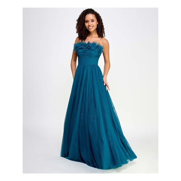 CITY STUDIO Womens Teal Zippered Embellished Soft Cup Ruffled Ruched Sides Li Sleeveless Strapless Full-Length Formal Gown Dress Juniors 34