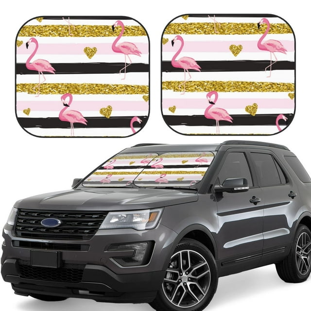 Wukai Gold Glittering Hearts and Flamingos Car Front Windshield Sun Shade,Sun Visor Shield Block Automotive Interior Protector Blocks UV Rays-Medium