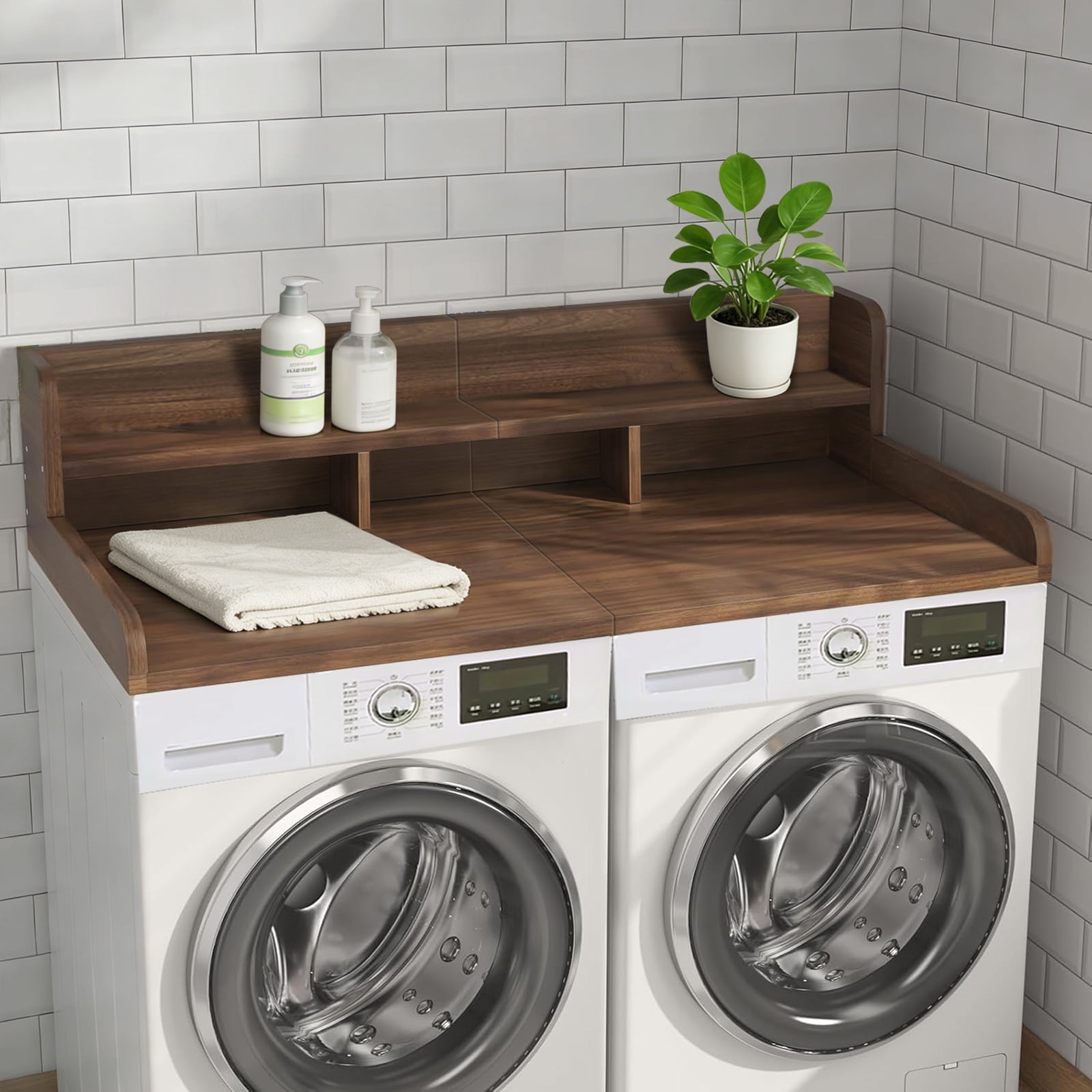 Washer Dryer Countertop with Non-slip Pads, Laundry Wood Shelf Topper with Edge, 54" Width x 27.5" Depth Double Layer Organizer for Washer and Dryer Laundry Hamper Counter Storage Organization (DW)