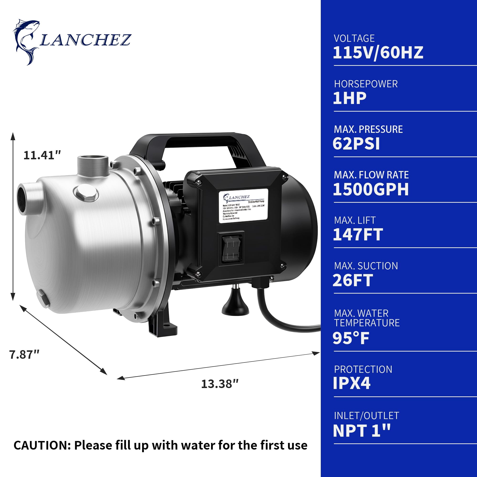 LANCHEZ 1 HP Shallow Well Pump, 115V Stainless Steel Water Transfer Irrigation Booster Jet Pump