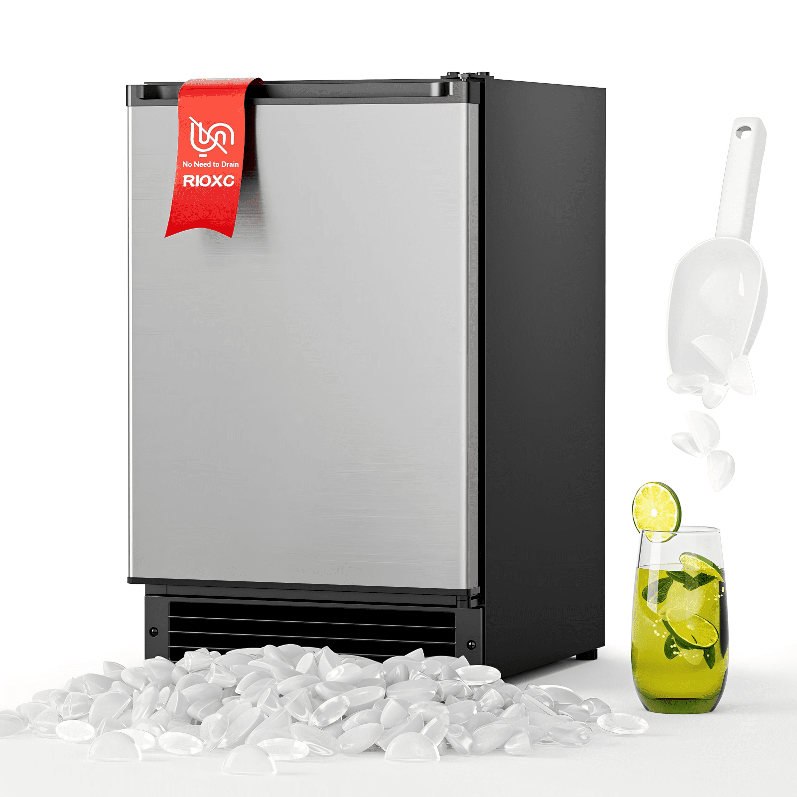 RIOXC 15" W Under Counter Ice Maker No Drain Required Stainless Steel Freestanding & Built-in Crescent Ice Machine, 12LBS Storage for RV, Marine & Home, ETL