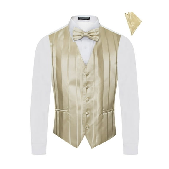 Men's Premium Wide Vertical Lines Tone on Tone Stripes Vest - NeckTie – Bow Tie - Pocket Square 4 Piece Set for Suits & Tuxedos-Many Colors
