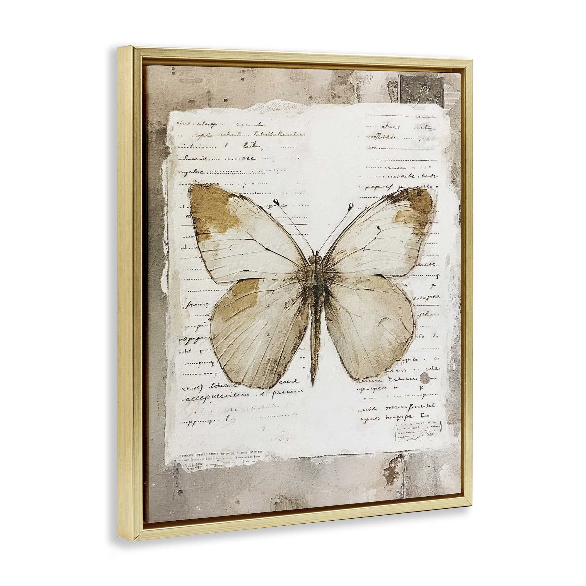 Stupell Industries Rustic Butterfly Collage Animals Painting Gold Floater Framed Canvas Art Print Wall Art, 25 x 31