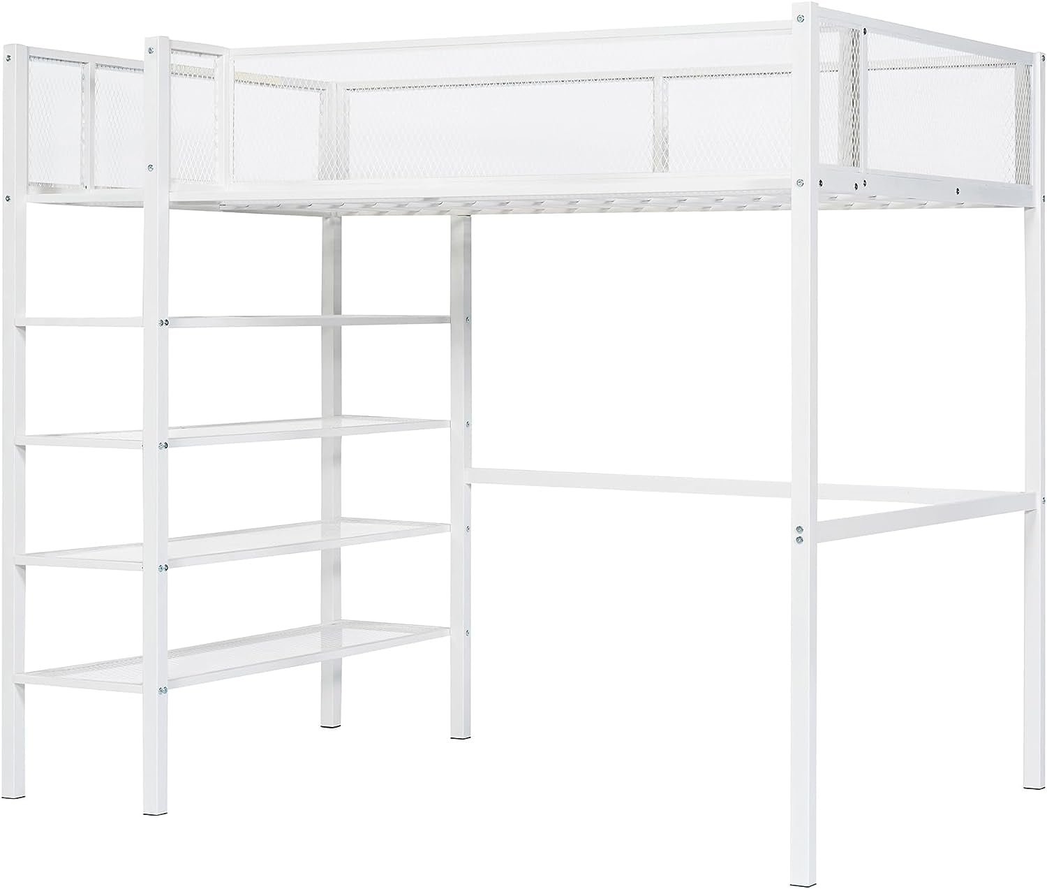 DEALTOPS Twin Size Metal Loft Bed with 4-Tier Shelves and Storage - White