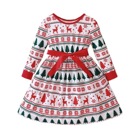 

LIhncine Girls Dress Toddler Girls Long Sleeve Christmas Cartoon Deer Prints Dress Princess Dresses Clothes (Red 3-4 Years)