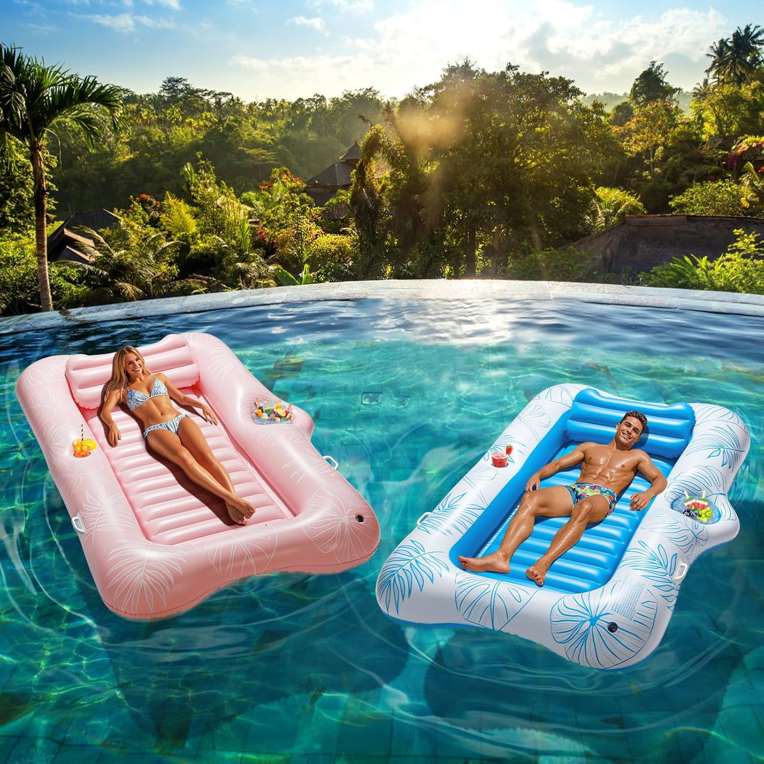 HEY! SPLASH Inflatable Tanning Pool Lounger Float, 72.8 * 49.2" Inflatable Ride-ons Pool Rafts Swimming Pool Float, Summer Beach Party Swimming Floaty Bed Floatie Pool Toys,Pink Leaf