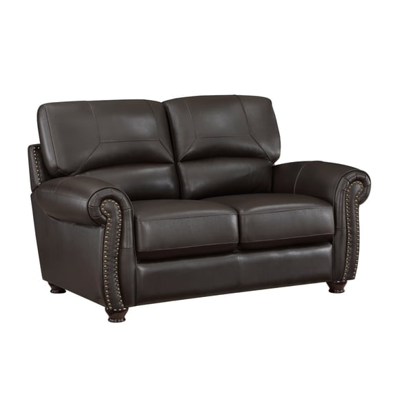 63 Inch Loveseat, Dark Brown Top Grain and Faux Leather, Solid Wood