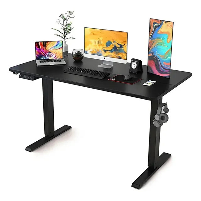 Escritorio eléctrico elevable 120x60 cm Negro/Negro, altura ajustable, mesa ergonómica con memoria de altura, gancho para audífonos y portavasos
