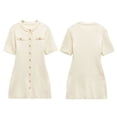 thumbnail image 3 of Robe Courte Décontractée pour Femme en Tricot Côtelé, Manches Courtes, Col Rond, Mini Robe Chandail Ligne A avec Boutons Décoratifs, Beige, P, 3 of 9