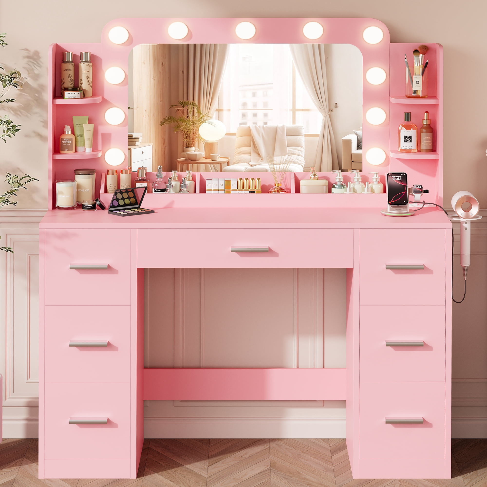 Lacoo Vanity Desk with Mirror & Lights, Makeup Vanity Set with 7 Drawers & Shelves, Vanity Table for Bedroom, Pink
