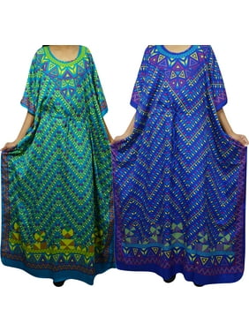 Mogul Bohemian 2 PC Green Blue Maxi Caftan Kimono Sleeves Printed Cover UP Nightwear Kaftan Long Dress 4X