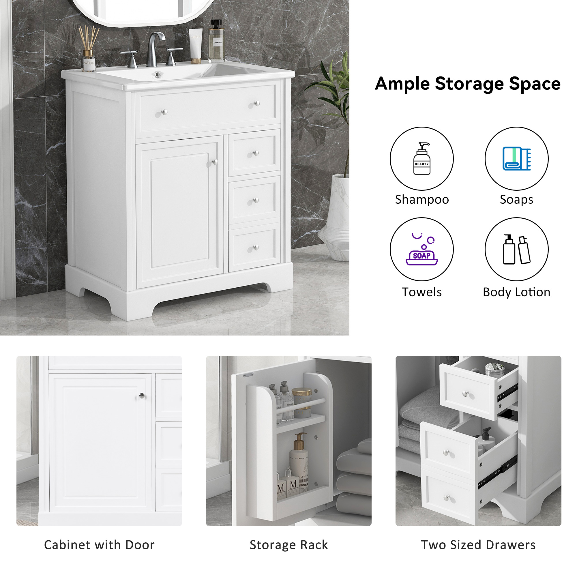 Euroco 24'' Bathroom Vanity with Ceramic Sink, Door Shelf, 2 Drawers and 1 Cabinet, Painted Finish, Solid Wood & MDF