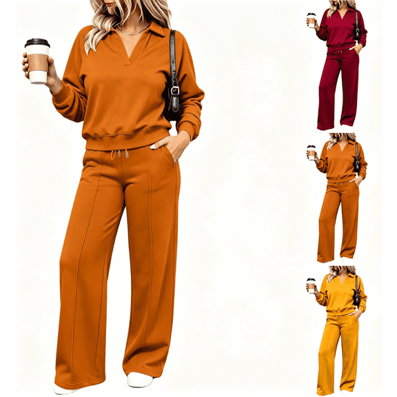 Zynoxe Womens Plus Size Tracksuit Set Casual V-neck Long Sleeve Sweatshirt and Pleated Wide Leg Pants Matching Sets Solid Color Comfy Lounge Sets