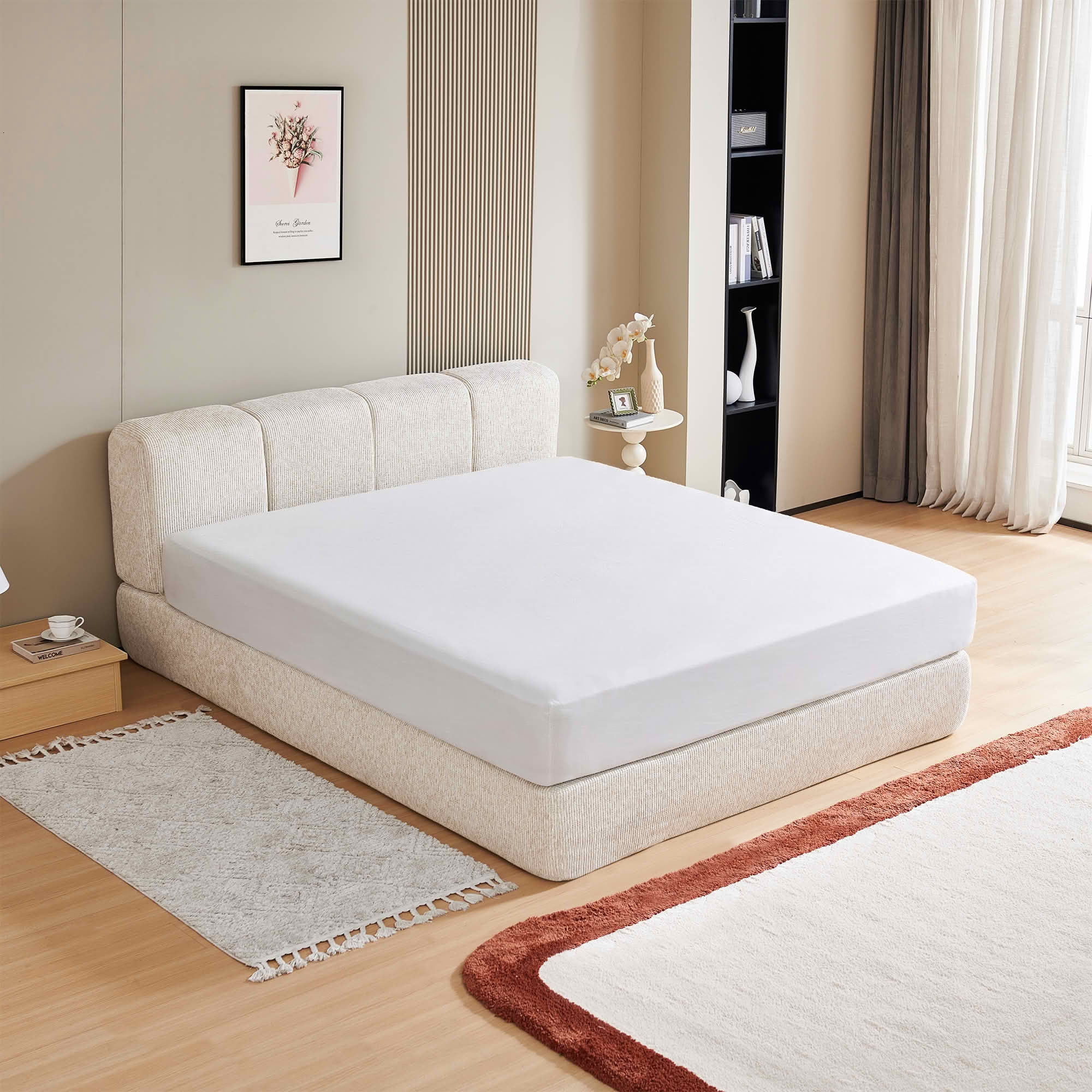 MAYEERTY Cloud Rest Cotton-Linen Blend Compressed Bed Queen Size Mattress Foundation with Headboard,Universal Fit, Hybrid Support Tool-Free Assembly
