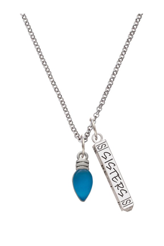 Silvertone Christmas Lights - Hot Blue Resin Silvertone Sisters Best Friends Forever Bar Charm Necklace, 23"