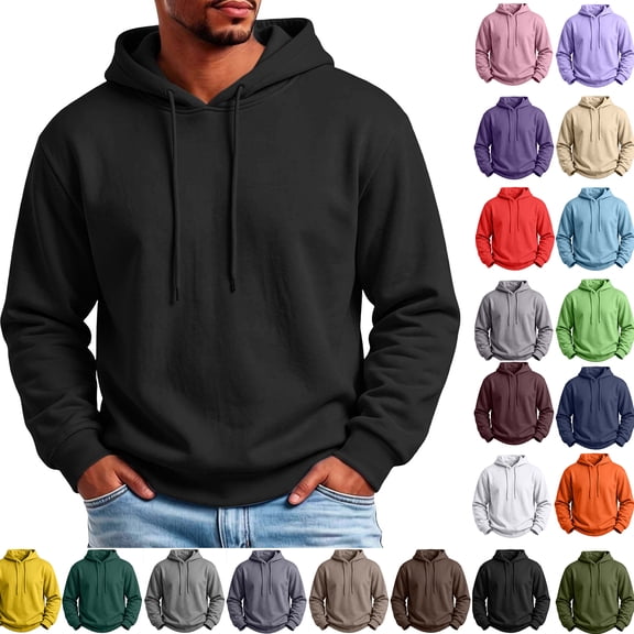 RJMDKXZ Fleece Hoodies for Men Pullover Loose Fit Casual Solid Long Sleeve Drawstring Fleece Lined Sweatshirts Comfy Warm Tops with Hood