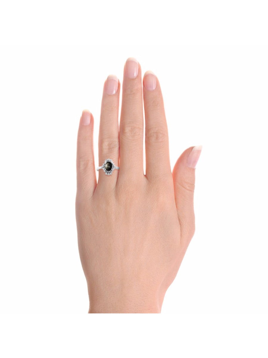 Diamond /& Black Star Sapphire Ring Set In Sterling Silver Fanned Diamonds