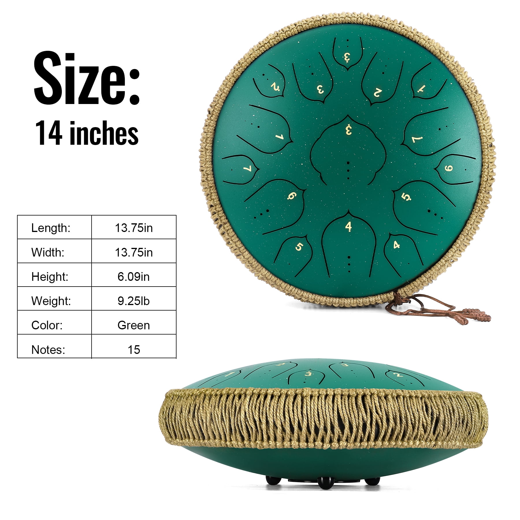 Steel Tongue Drum-14" 15 Note Tongue Pan Drums for Adults, D Major, Carry Bag, Green