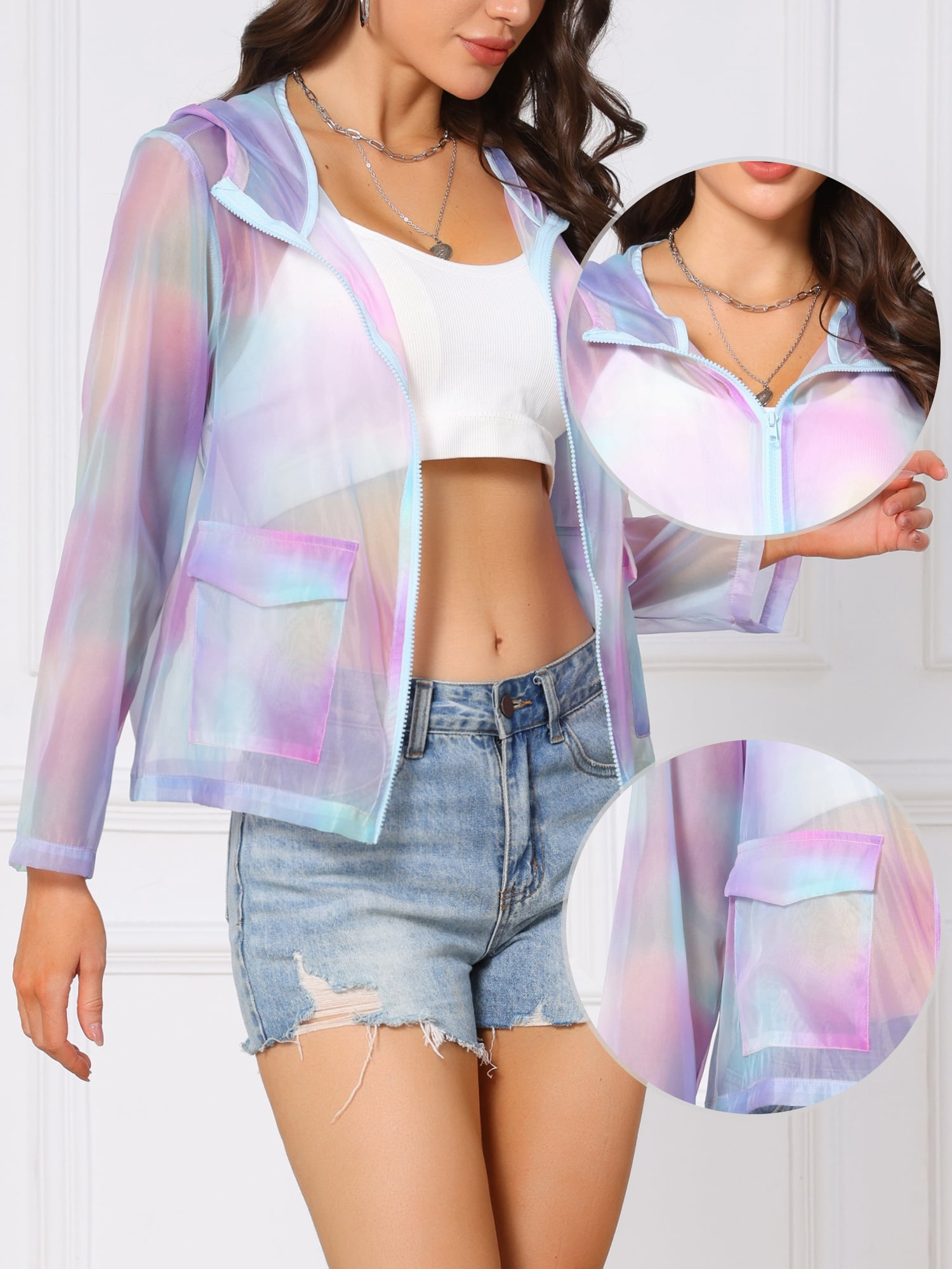 DARING DIVA Women's Mesh Sheer Hooded Long Sleeve Zipper Lightweight Jacket S Purple Green