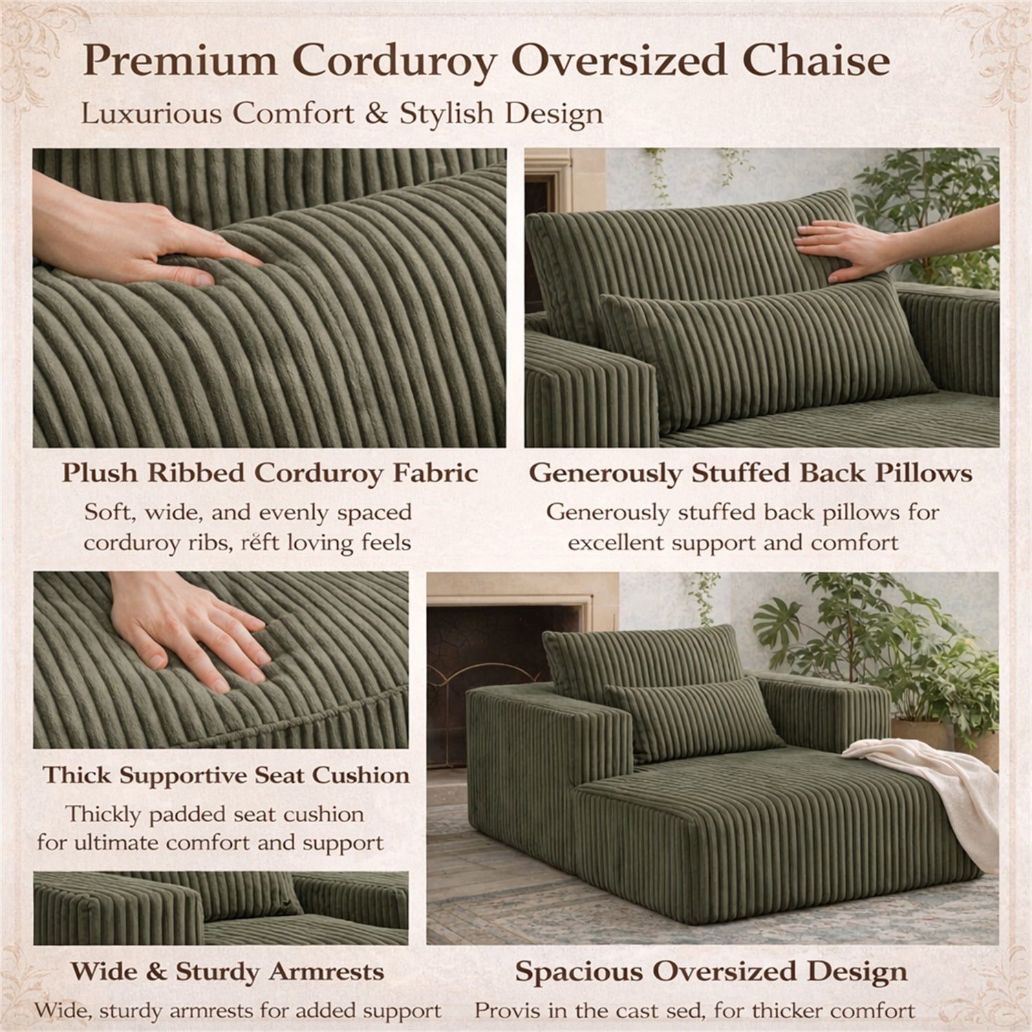 Hommoo Compressed Sofa Couch Bed with 2 Lumbar Pillows, Modern Corduroy Fabric Convertible Sleeper, for Living Room, Bedroom & Apartment, Green