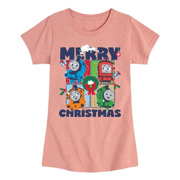 Thomas & Friends - Merry Christmas Grid White Only - Youth and Toddler Girls Fitted Short Sleeve Graphic T-Shirt