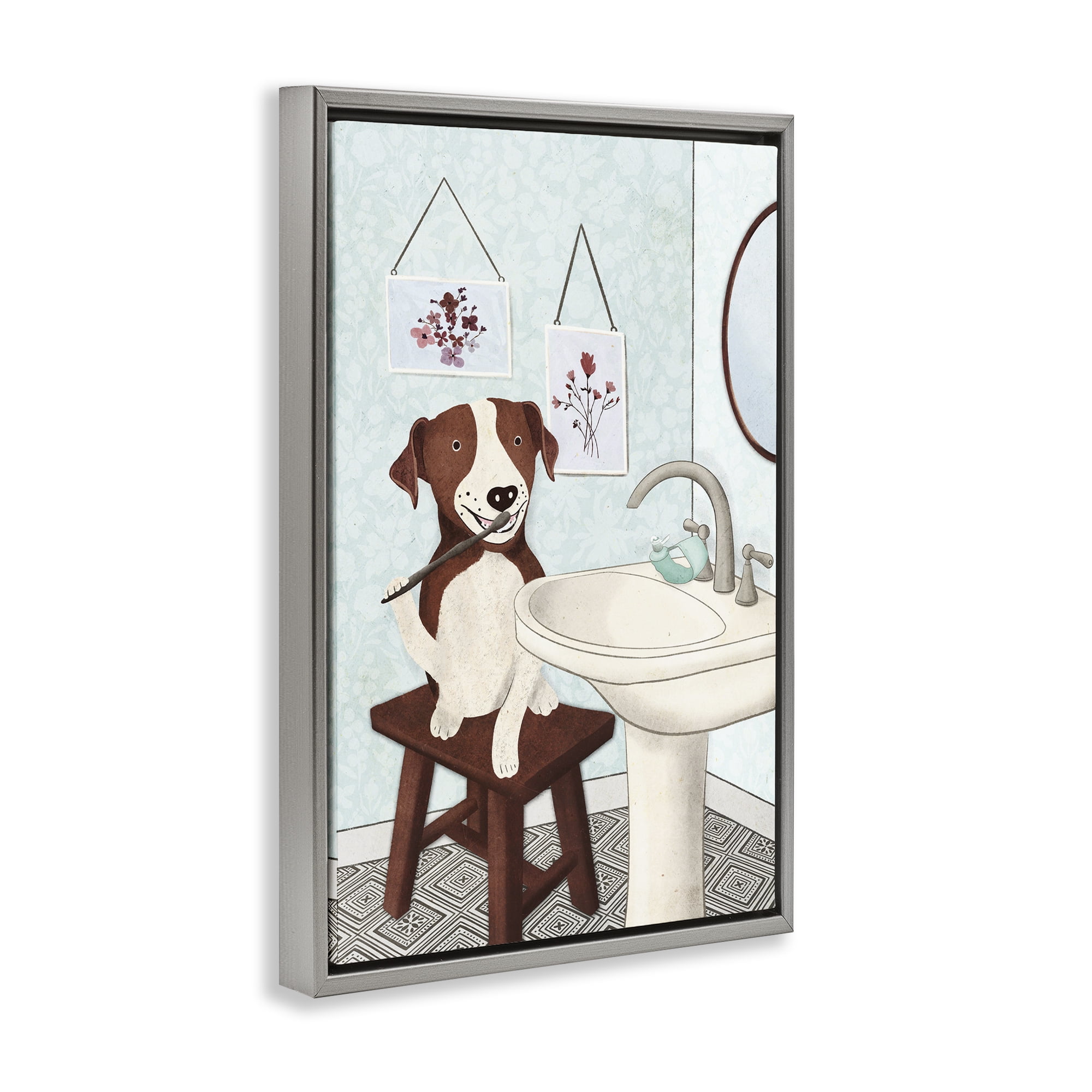 Stupell Industries Dog Brushing Teeth Typography Painting Gray Floater Framed Canvas Art Print Wall Art, 21 x 31