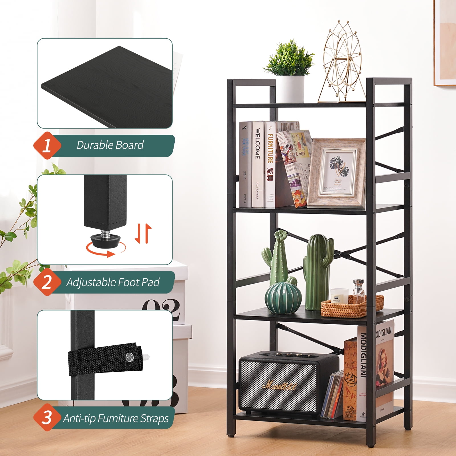 4 Tier Bookcase, Small Bookshelf Storage for Bedroom, Living Room, Office Home, Black