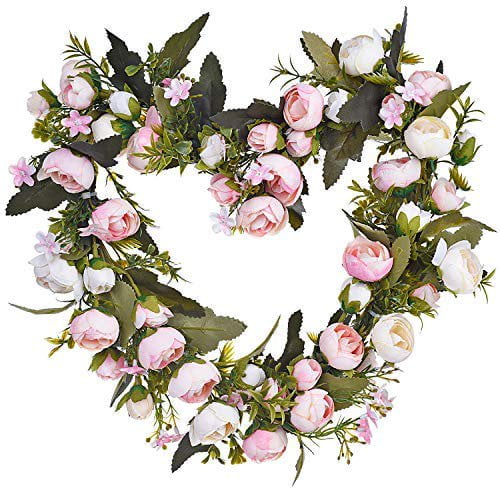 Coolmade Artificial Rose Flower Wreath, Heart-Shaped Fake Rose Floral Wreath with Pink and White Roses for Wedding Front Door Wall Party Home Décor