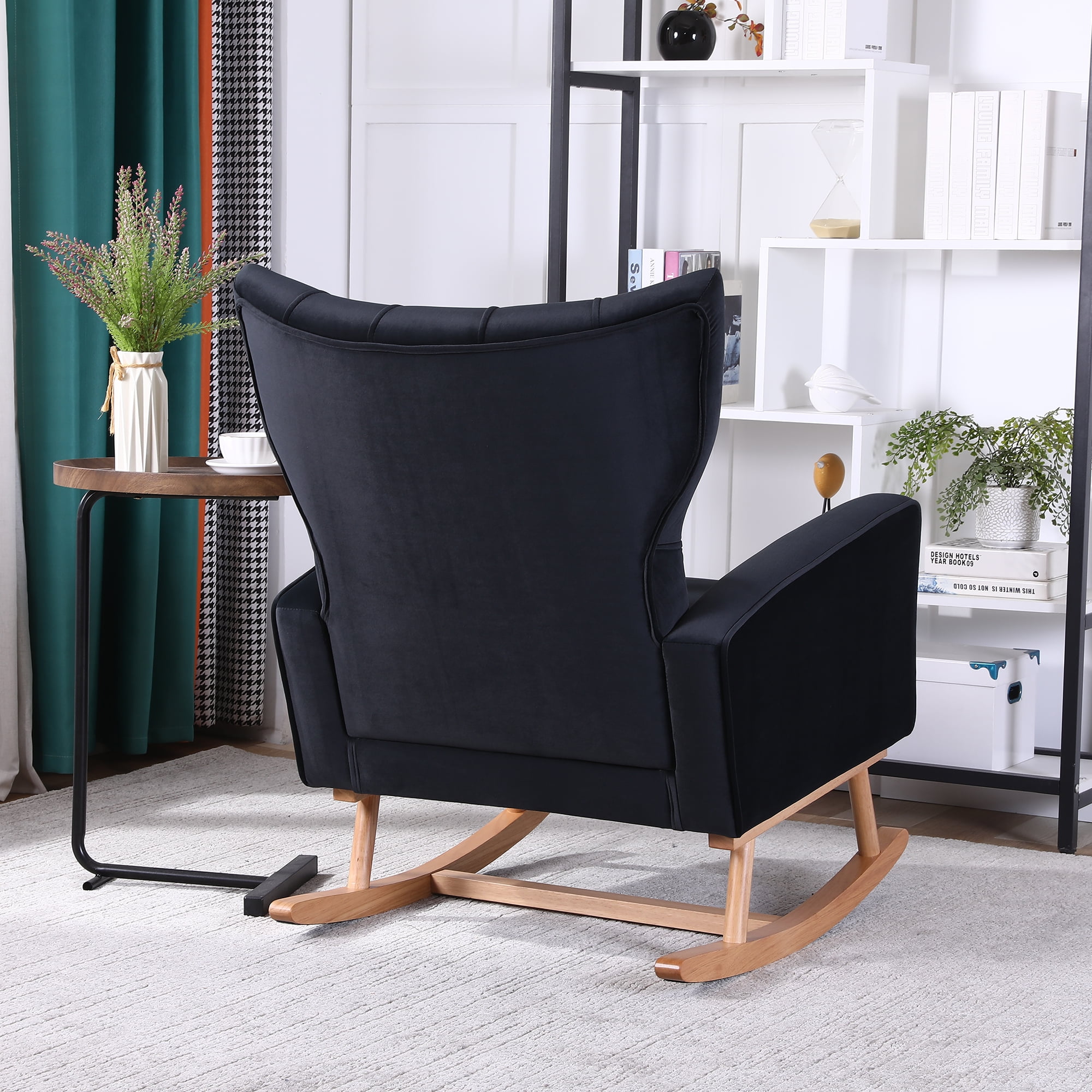 Resenkos Modern Velvet Rocking Chair Nursery with High Backrest, Living Room Accent Chair Armchair, Black