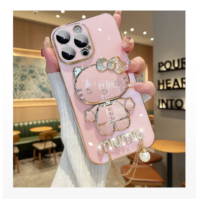 Popular entre las niñas, caja de teléfono de TPU con espejo de maquillaje de gato 3D de Hello Kitty lindo con diamantes de imitación para iPhone 15 14 13 12 11 Pro max con soporte