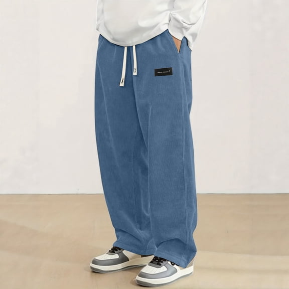 ZHOGXU Mens Casual Pants Drawstring Elastic Waisted Solid Color Corduroy Comfortable Trousers With Pockets For Daily Wear Blue L