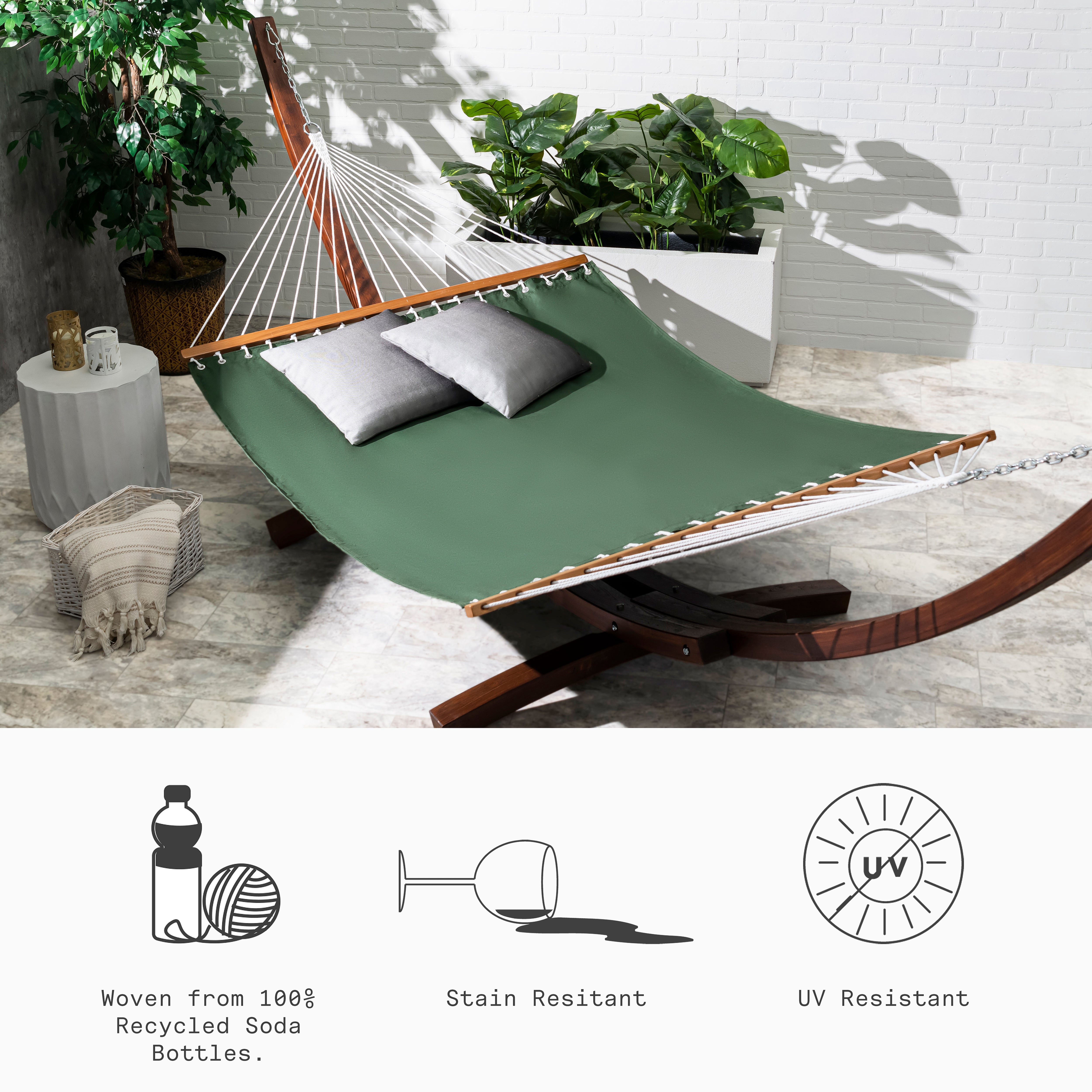 Fab Habitat Solid Recycled Polyester Hammock - Fargo - Green - Indoor/Outdoor, Quick Dry, 2 Person 460 lbs Capacity - Patio, Poolside, Backyard, Garden, Beach, Balcony - 12-14 ft Adjustable