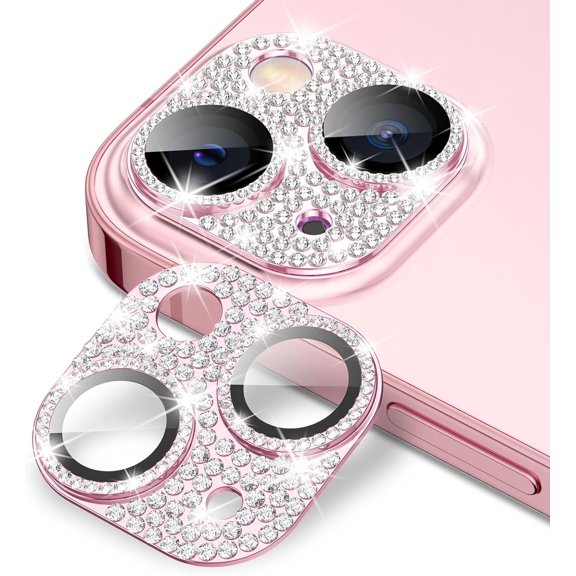 Bling Metal Camera Cover for iPhone 15/15 Plus Camera Lens Protector, Tempered Glass Screen Protector Glitter Diamond Accessories for 15Plus / 15 Pink