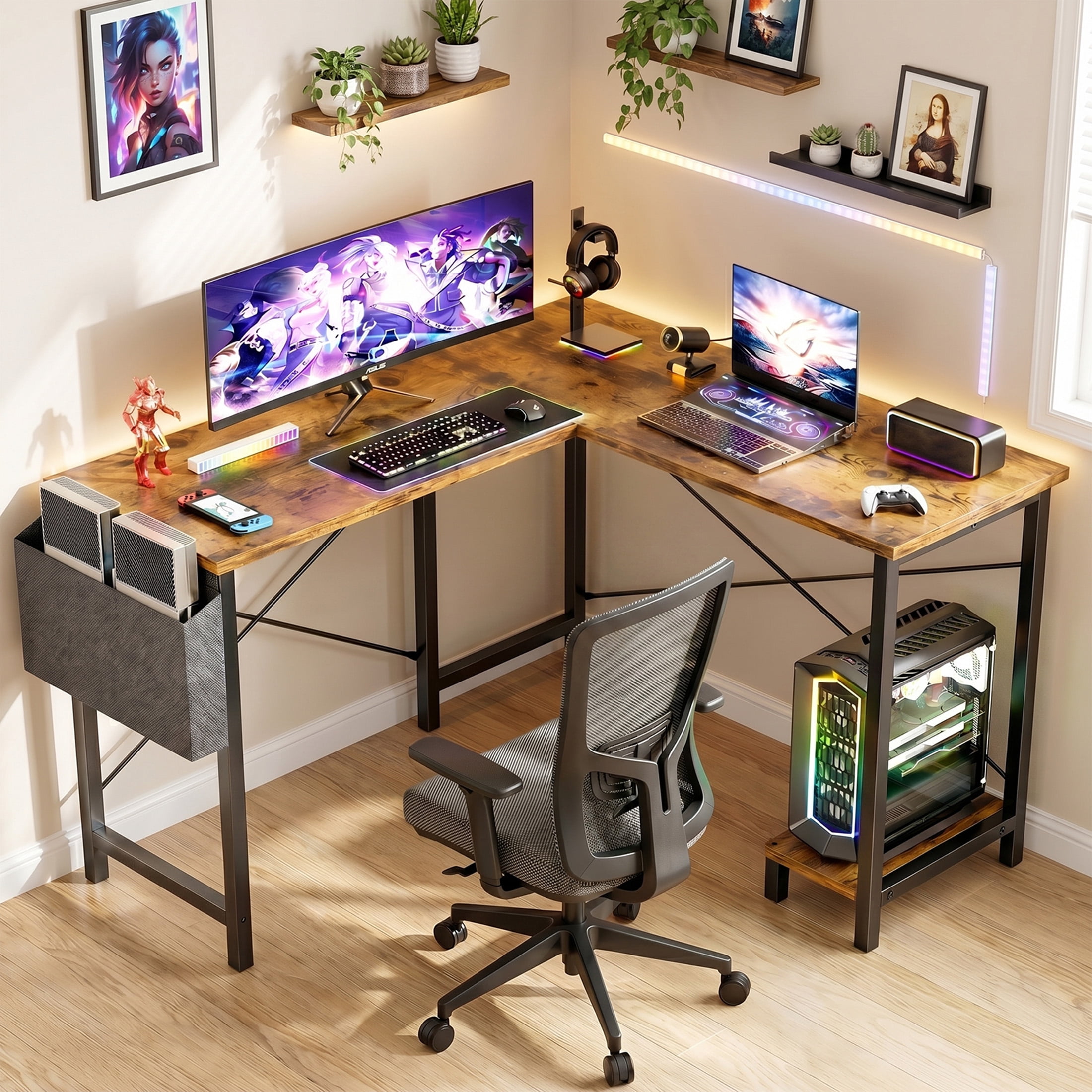 CONCETTA 49in Reversible L Shaped Computer Desk with Storage, Coner Desk with Wooden Desktop, CPU Stand and Side Bag for Home Office & Gaming, Rust Brown